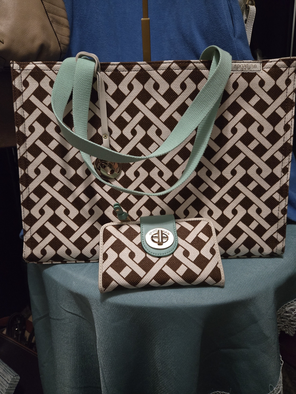 Spartina 449 Brown and Mint Geometric Tote with Wallet